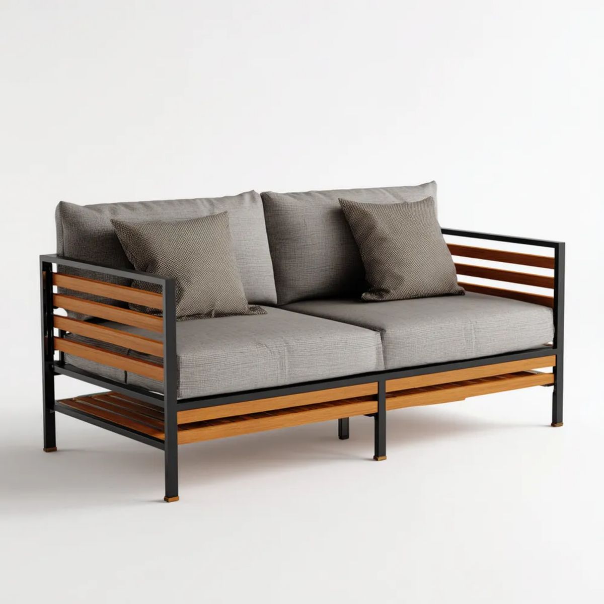 Dwuosobowa sofa ogrodowa z aluminium i drewna akacjowego, szara/czarna/brązowa, 145 x 75 x 70 cm