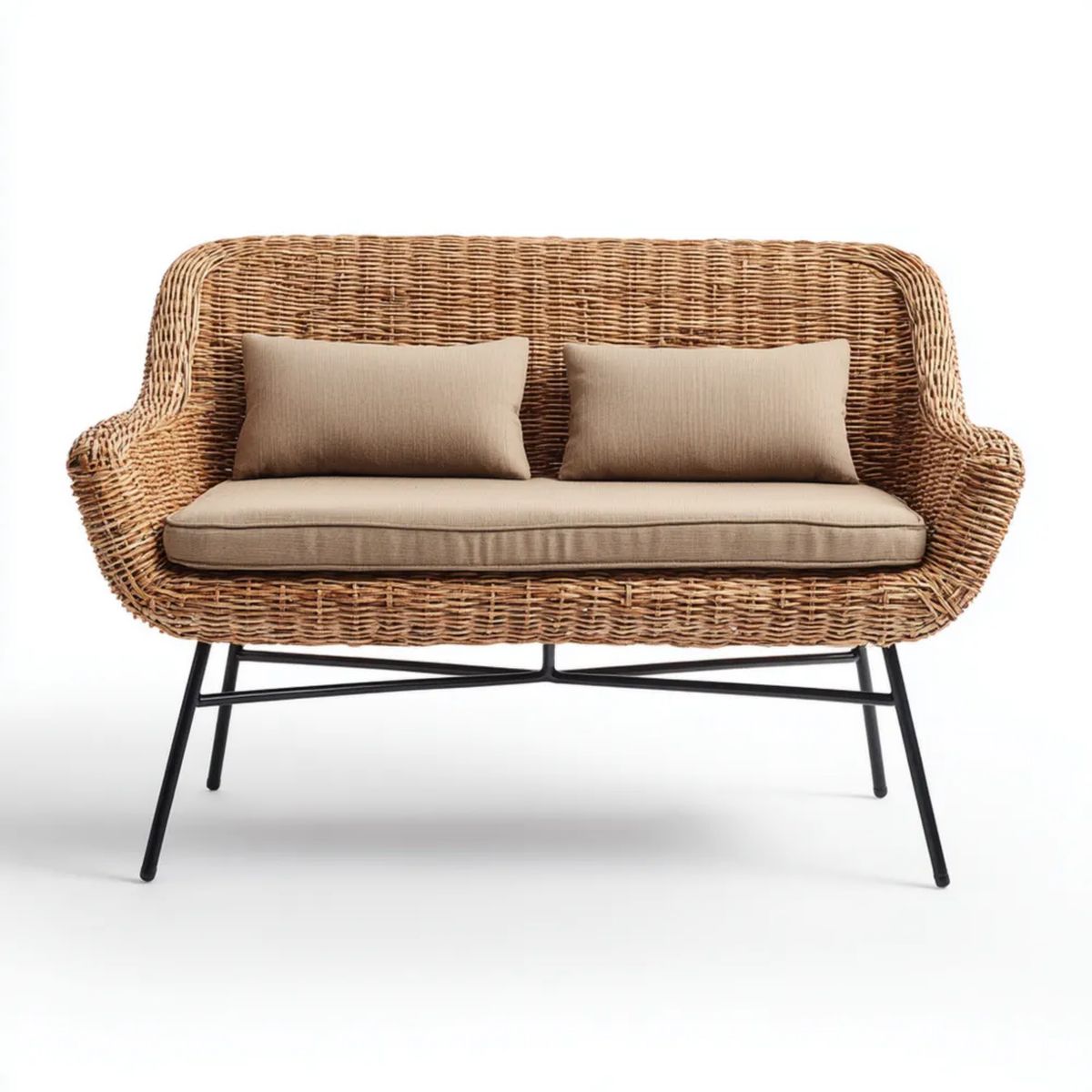 Dwuosobowa sofa ogrodowa z technorattanu, beżowa, 130 × 70 × 82 cm