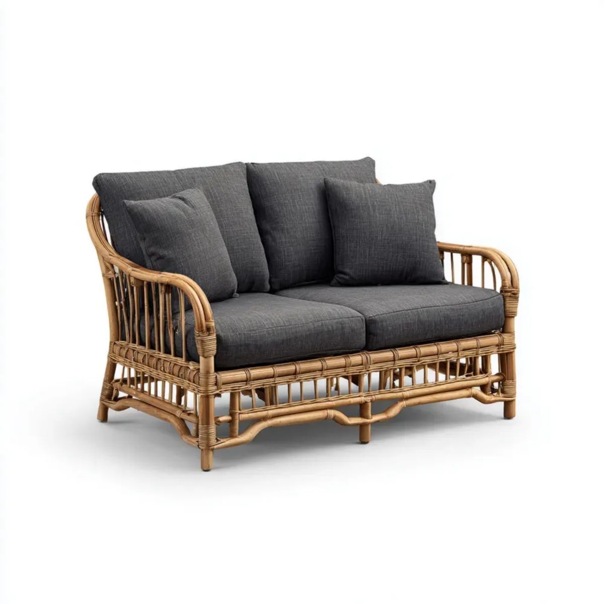 Dwuosobowa sofa ogrodowa rattanowa z poduszkami, naturalny brąz/grafit, 135 x 80 x 85 cm