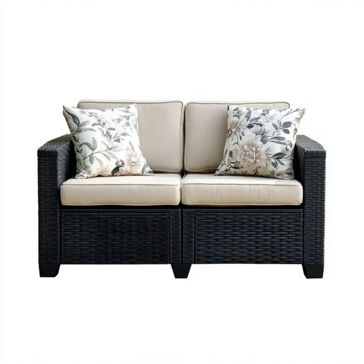 Dwuosobowa sofa ogrodowa z technorattanu PE, czarna z beżowymi poduszkami, 130 x 70 x 85 cm