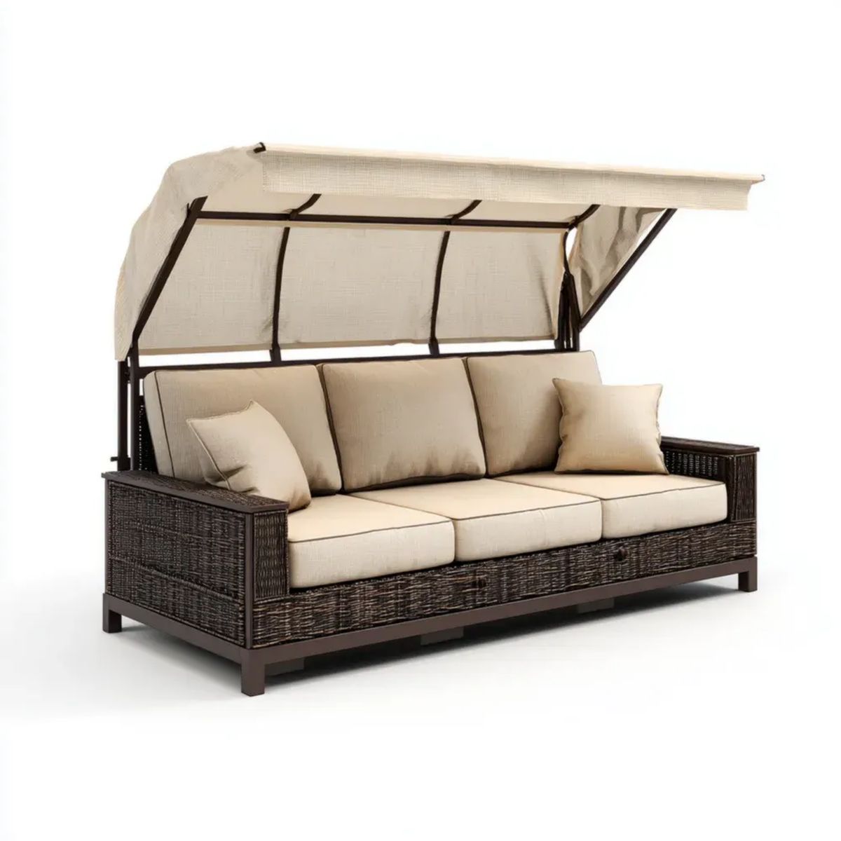 3-osobowa ogrodowa huśtawka-sofa z baldachimem z technorattanu PE i stali, ciemnobrązowo-beżowa, 220 × 130 × 180 cm