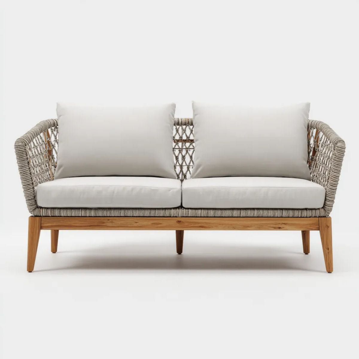Dwuosobowa sofa ogrodowa beżowa z litego drewna akacjowego i plecionki sznurkowej, 160 x 75 x 78 cm