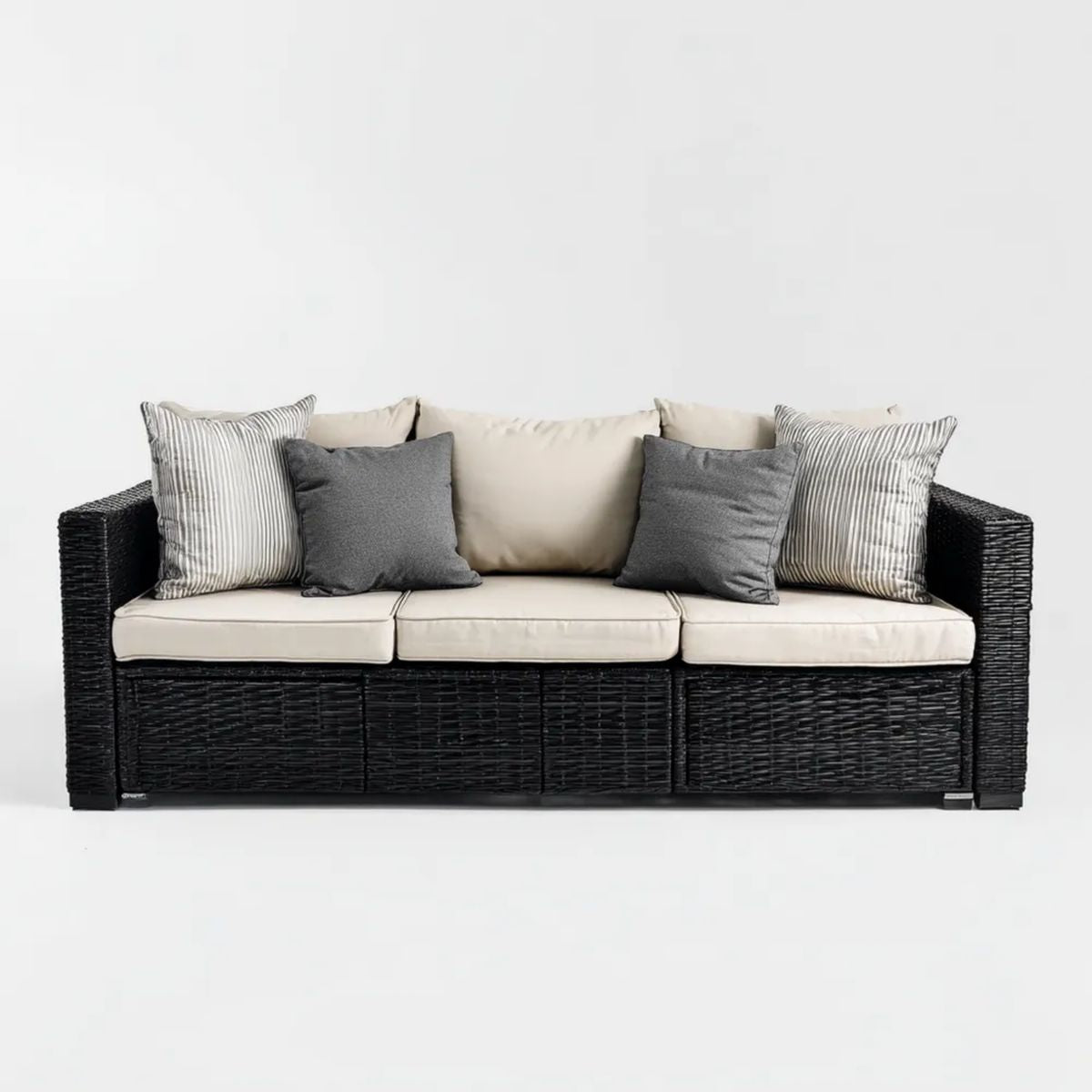 3-osobowa sofa ogrodowa z technorattanu, czarna z beżowymi poduszkami, 220 × 85 × 80 cm