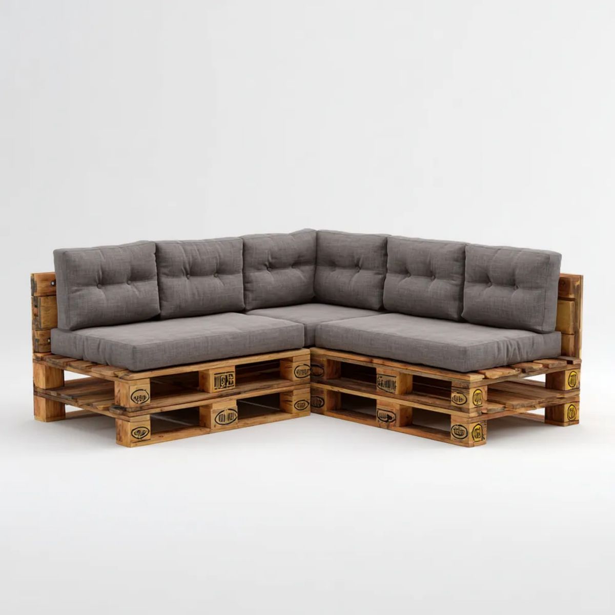Ogrodowa narożna sofa z palet w kształcie L, brązowa z szarymi poduszkami, drewno sosnowe, 240 × 120 × 80 cm