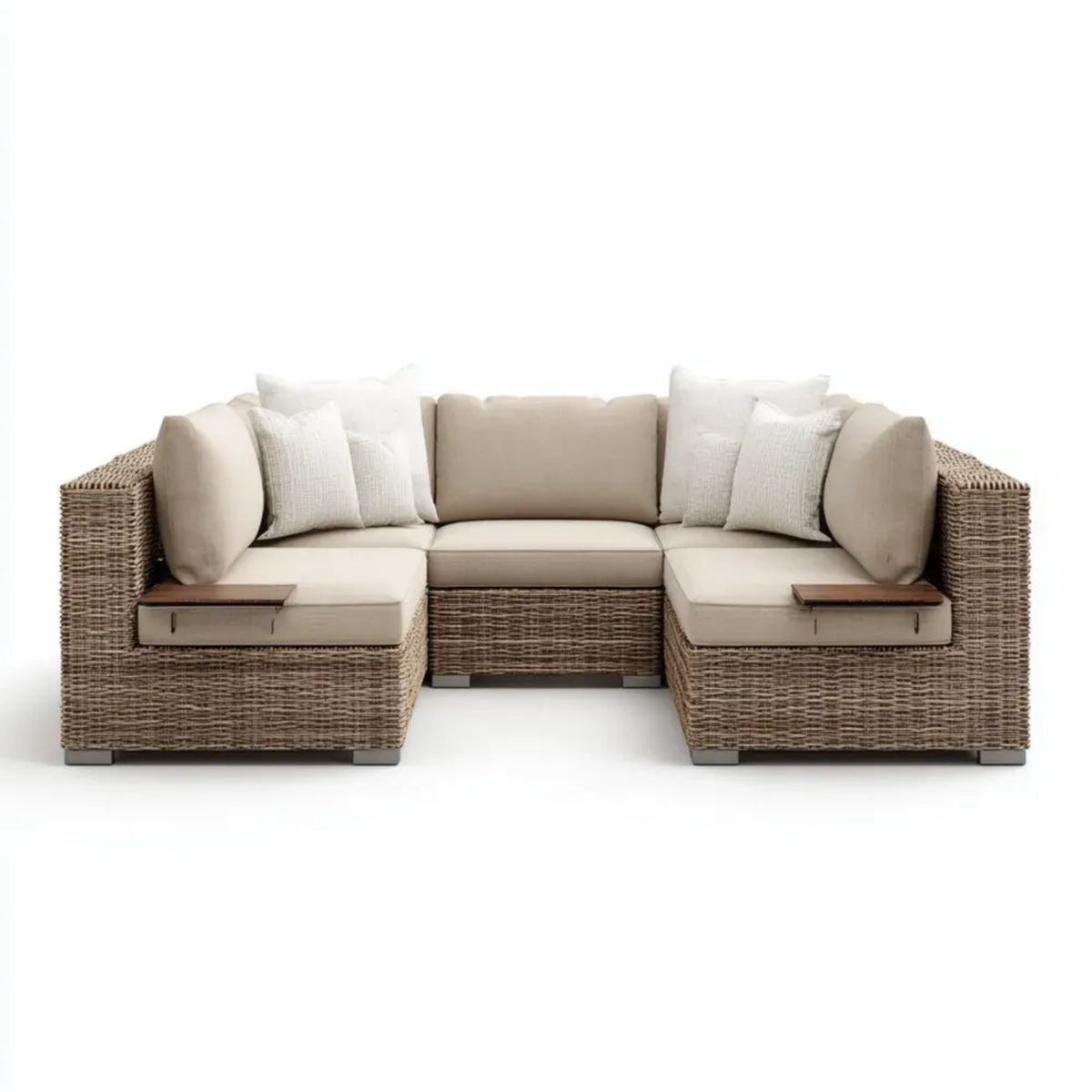 3-częściowa ogrodowa sofa narożna modułowa w kształcie U z plecionki PE, beżowo-brązowa, 270 x 90 x 82 cm