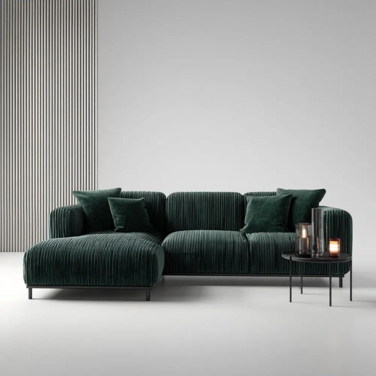 Ciemnozielona sofa narożna z lewym szezlongiem ze sztruksu poliestrowego 280 x 160 x 75 cm, kształt L