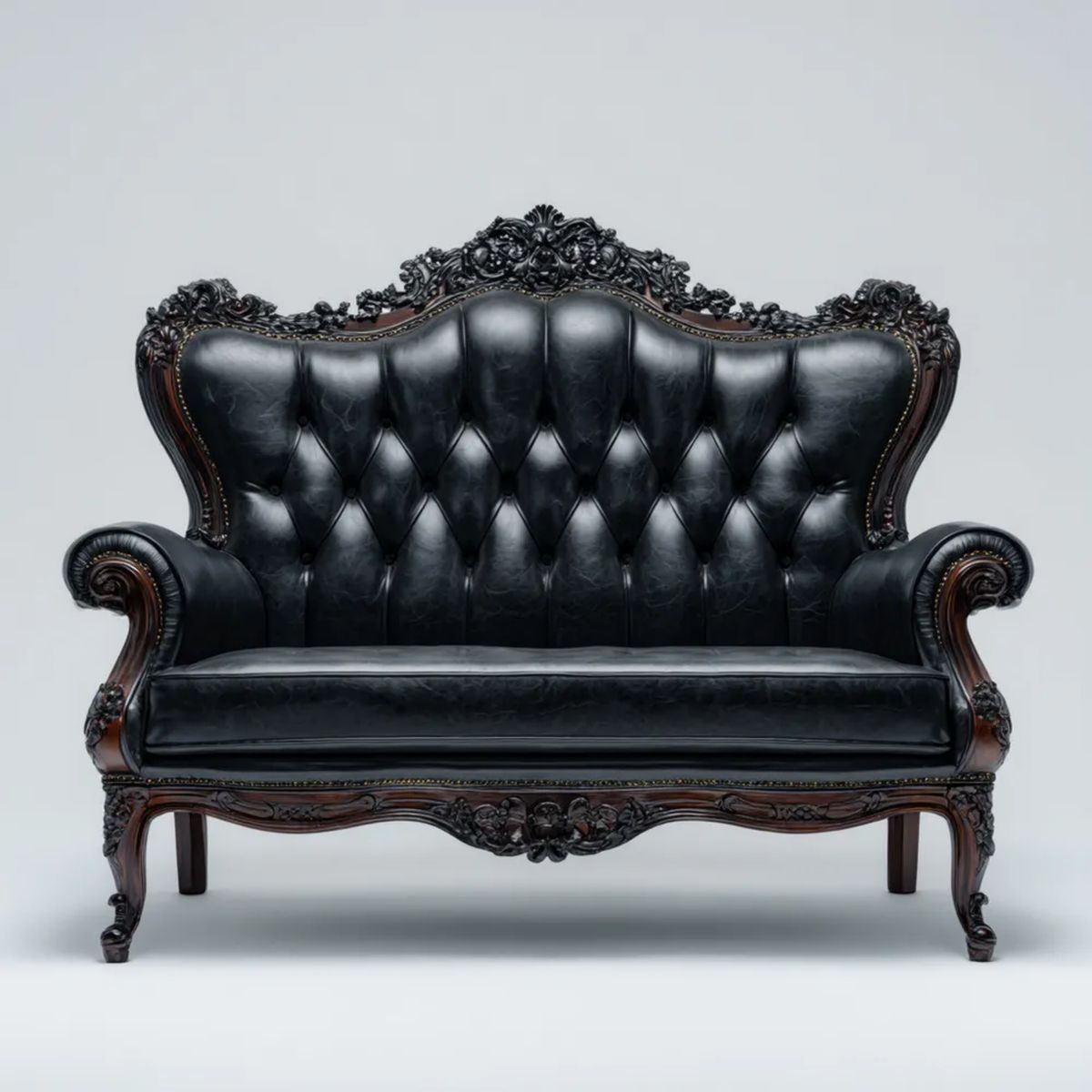 Sofa dwuosobowa ze skóry syntetycznej PVC i litego drewna, czarno-ciemnobrązowa, 170 x 75 x 120 cm