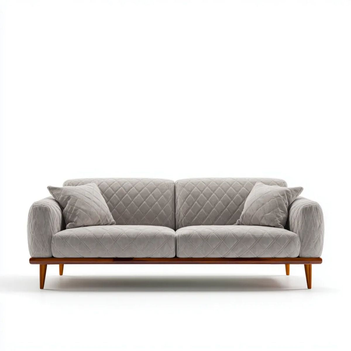 Dwuosobowa sofa pikowana z poliestru, jasnoszara z drewnianymi nogami, 180 x 85 x 82 cm
