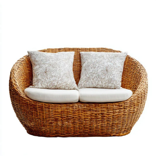 Dwuosobowa sofa ogrodowa z naturalnego rattanu, brązowa, 140 x 75 x 85 cm, z białymi poduszkami