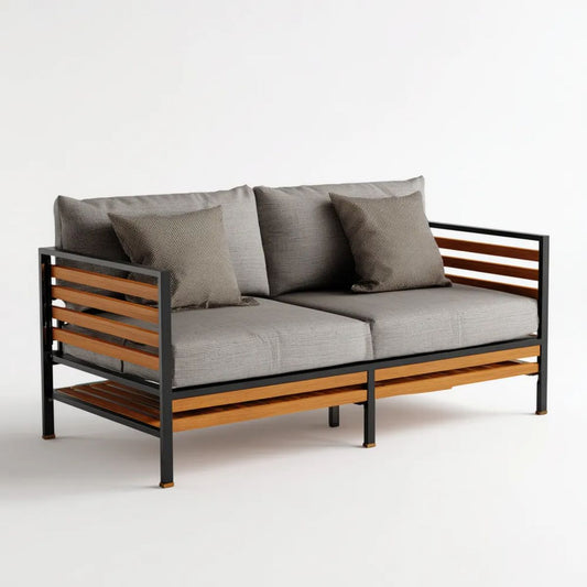 Dwuosobowa sofa ogrodowa z aluminium i drewna akacjowego, szara/czarna/brązowa, 145 x 75 x 70 cm