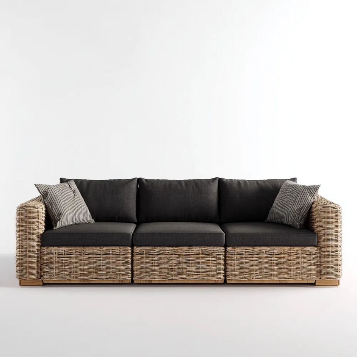3-osobowa sofa ogrodowa z rattanu naturalnego, czarno-brązowa, 220 x 85 x 80 cm