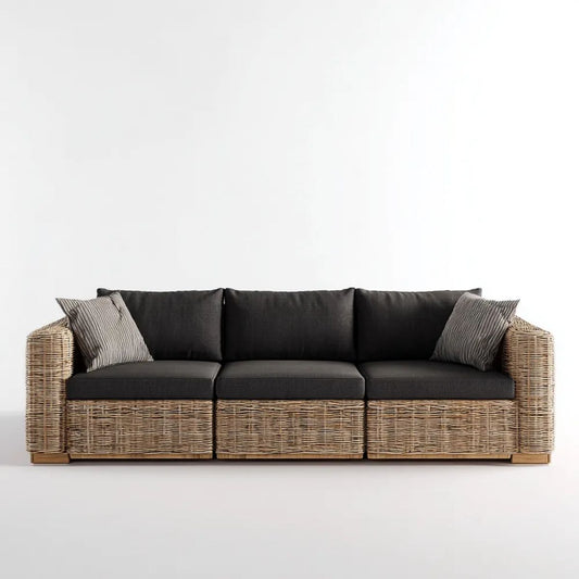 3-osobowa sofa ogrodowa z rattanu naturalnego, czarno-brązowa, 220 x 85 x 80 cm