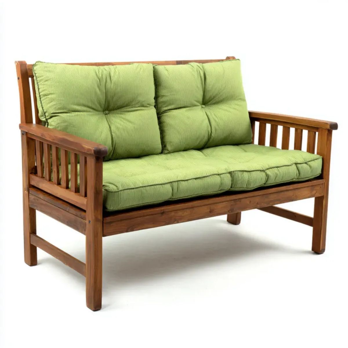 Dwuosobowa sofa ogrodowa z drewna z zielonymi poduszkami, 120 x 75 x 80 cm
