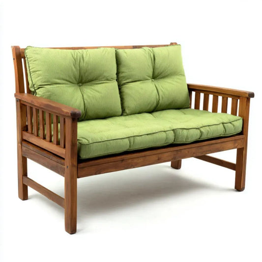 Dwuosobowa sofa ogrodowa z drewna z zielonymi poduszkami, 120 x 75 x 80 cm