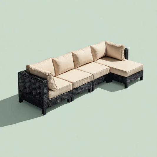 4-osobowa narożna sofa ogrodowa z technorattanu, czarna z beżowymi poduszkami, 280 x 210 x 65 cm