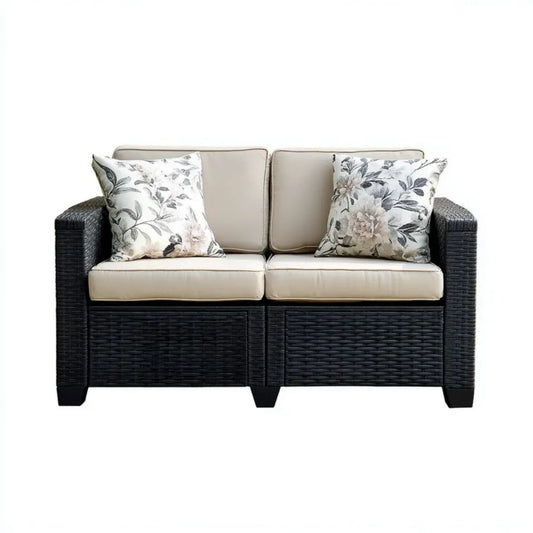 Dwuosobowa sofa ogrodowa z technorattanu PE, czarna z beżowymi poduszkami, 130 x 70 x 85 cm