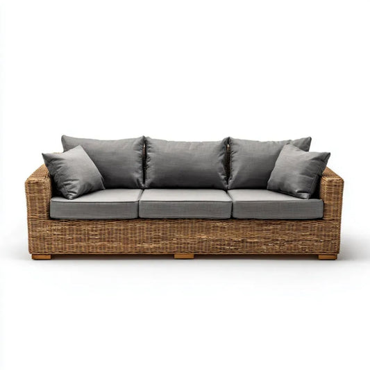3-osobowa sofa ogrodowa z naturalnego rattanu, naturalny brąz/szary, 220 x 90 x 85 cm