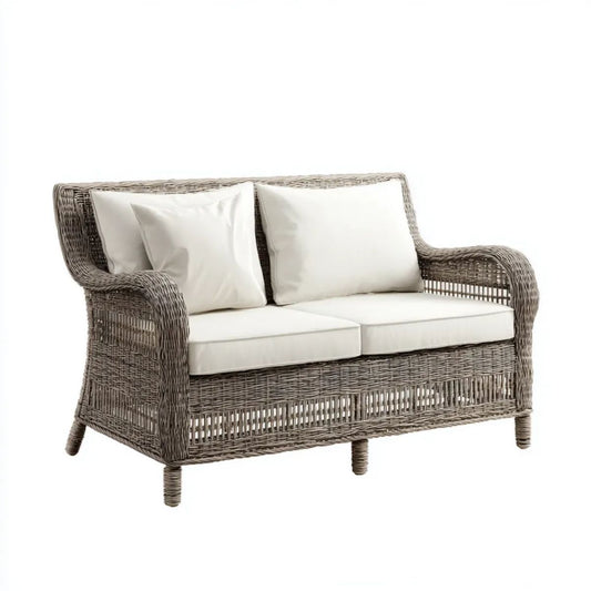 Dwuosobowa sofa ogrodowa z rattanu z poduszkami, szaro-biała, 130 x 70 x 85 cm
