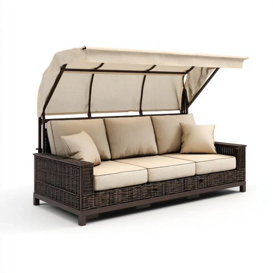 3-osobowa ogrodowa huśtawka-sofa z baldachimem z technorattanu PE i stali, ciemnobrązowo-beżowa, 220 × 130 × 180 cm