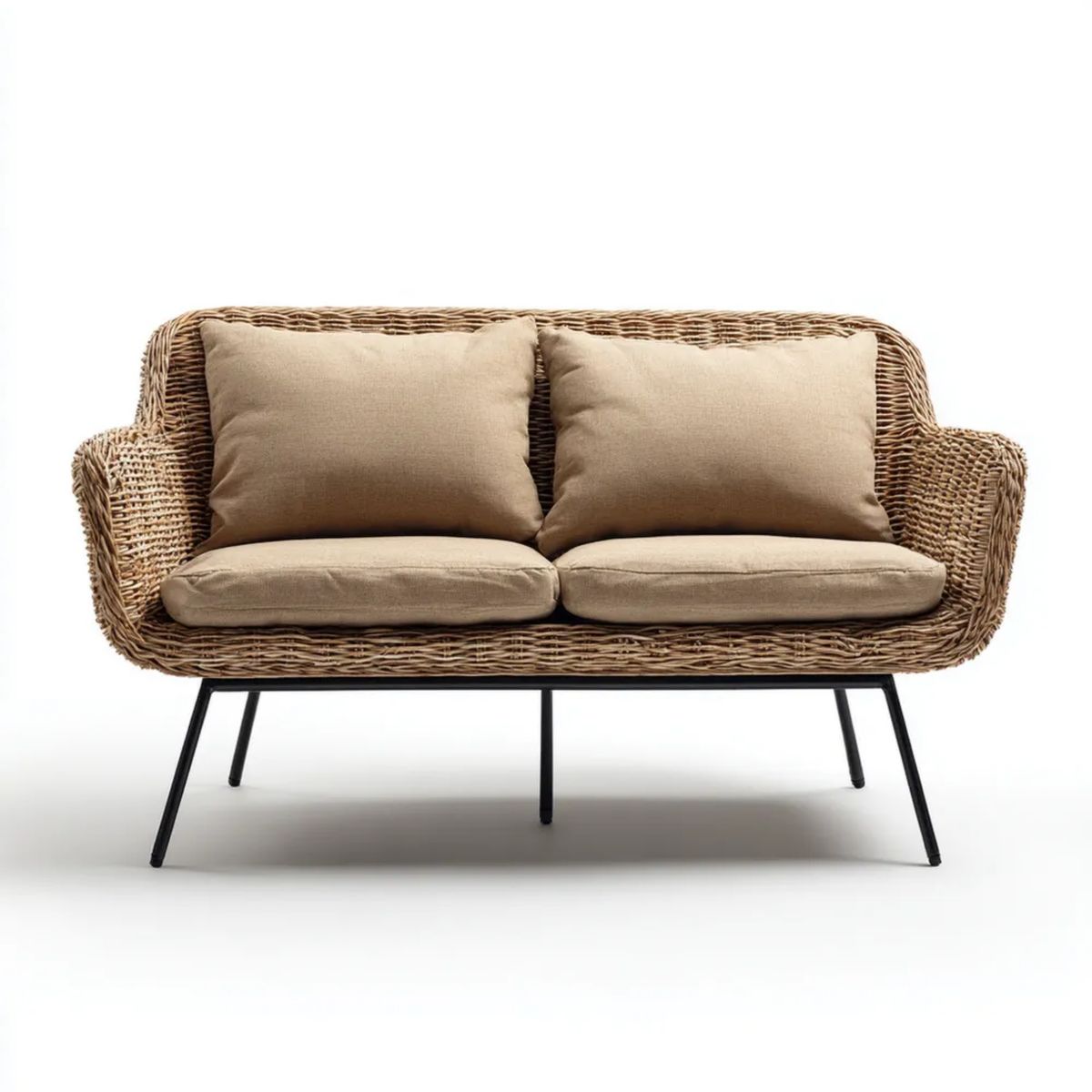 Dwuosobowa sofa ogrodowa z naturalnego rattanu, beżowa, ze stalowymi nogami, 130 x 75 x 83 cm