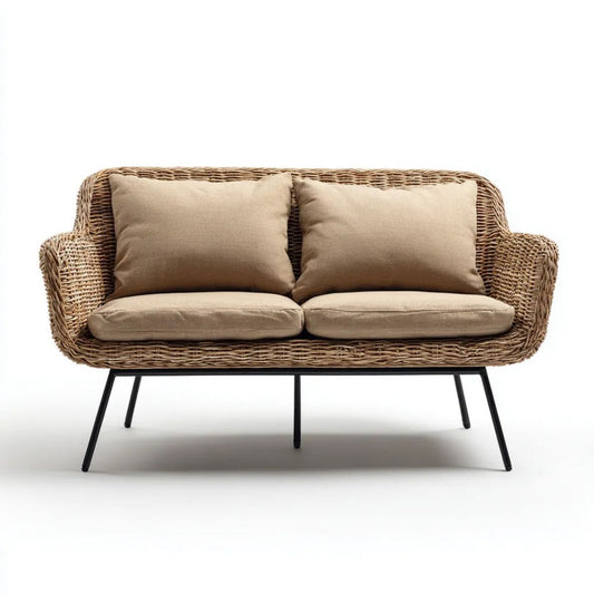 Dwuosobowa sofa ogrodowa z naturalnego rattanu, beżowa, ze stalowymi nogami, 130 x 75 x 83 cm