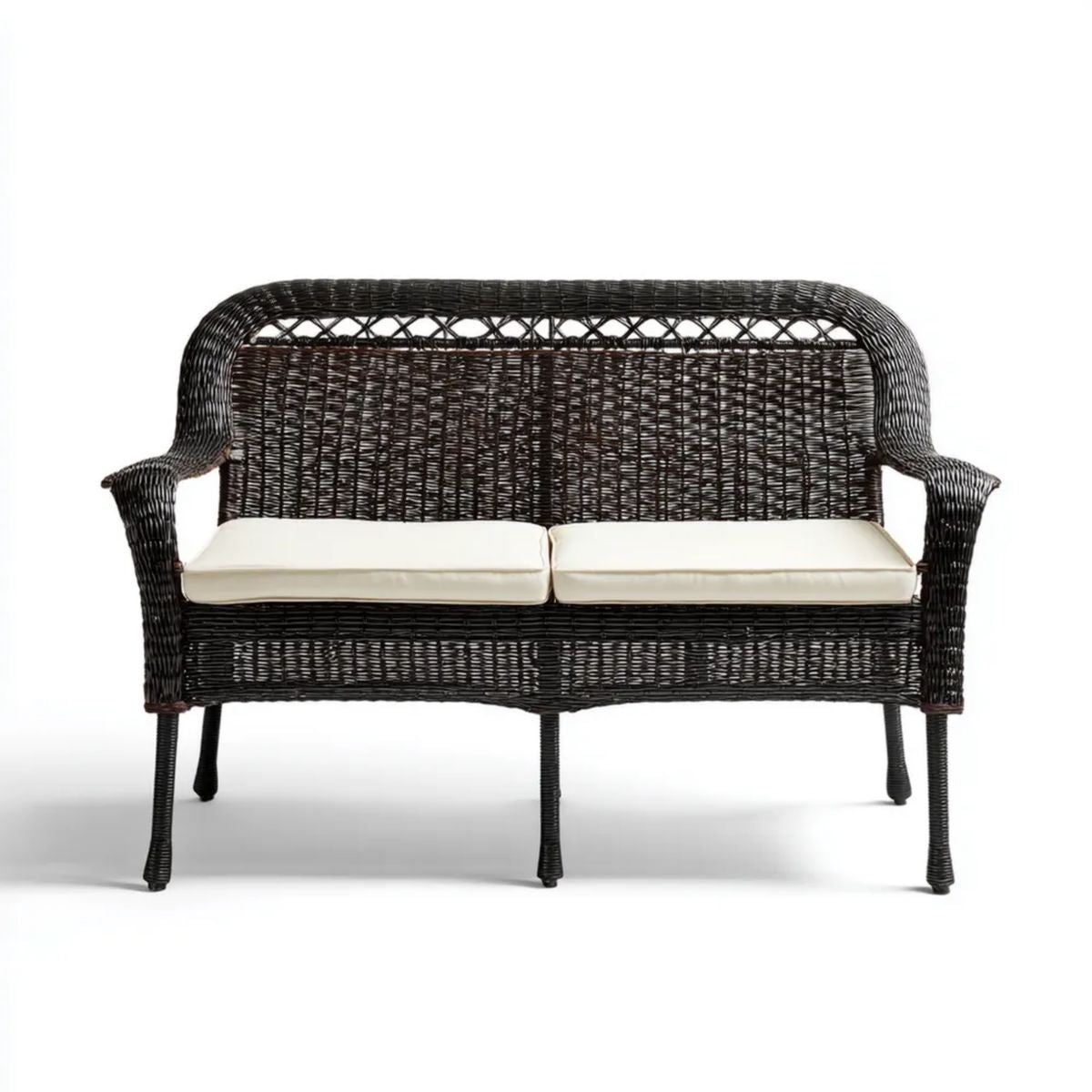 Dwuosobowa sofa ogrodowa z technorattanu ze stalową ramą, ciemnobrązowa/kremowa, 122 x 66 x 92 cm