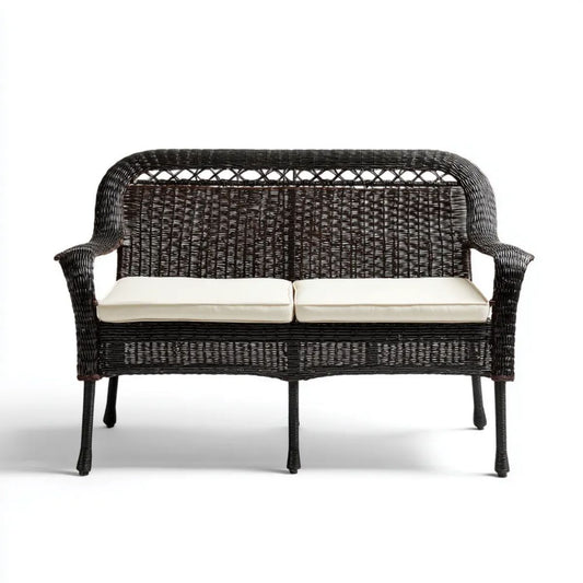 Dwuosobowa sofa ogrodowa z technorattanu ze stalową ramą, ciemnobrązowa/kremowa, 122 x 66 x 92 cm