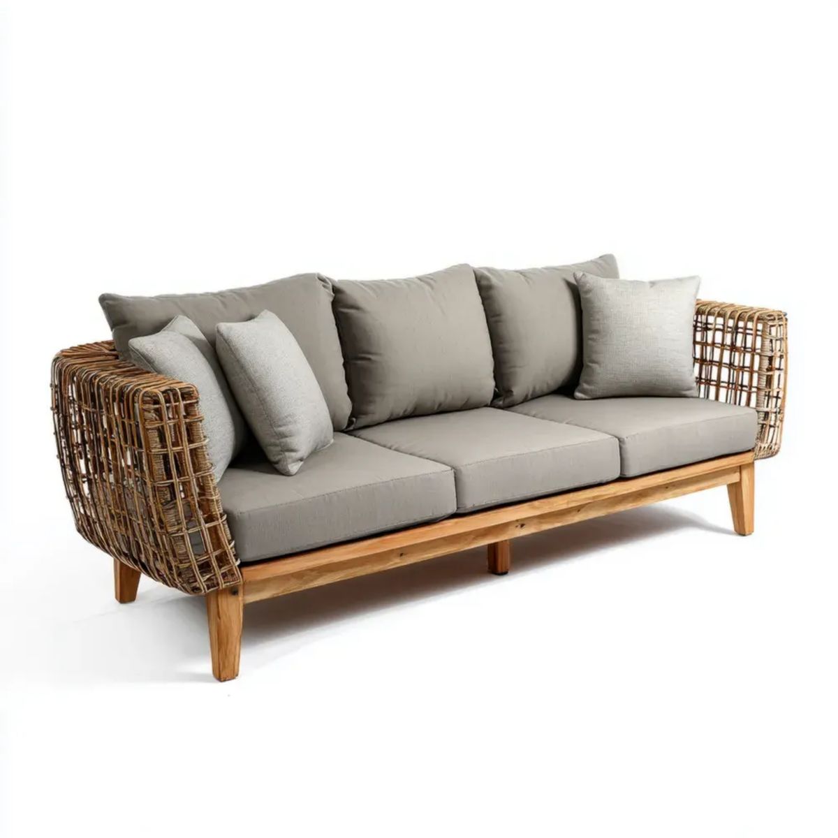 3-osobowa sofa ogrodowa z rattanu naturalnego i litego drewna, brązowo-szara, 220 x 80 x 75 cm