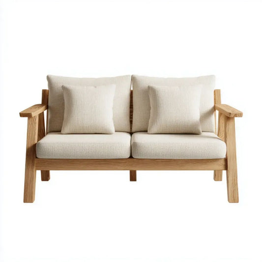 Dwuosobowa sofa ogrodowa z drewna i poliestru, naturalny brąz/beż, 140 x 75 x 78 cm