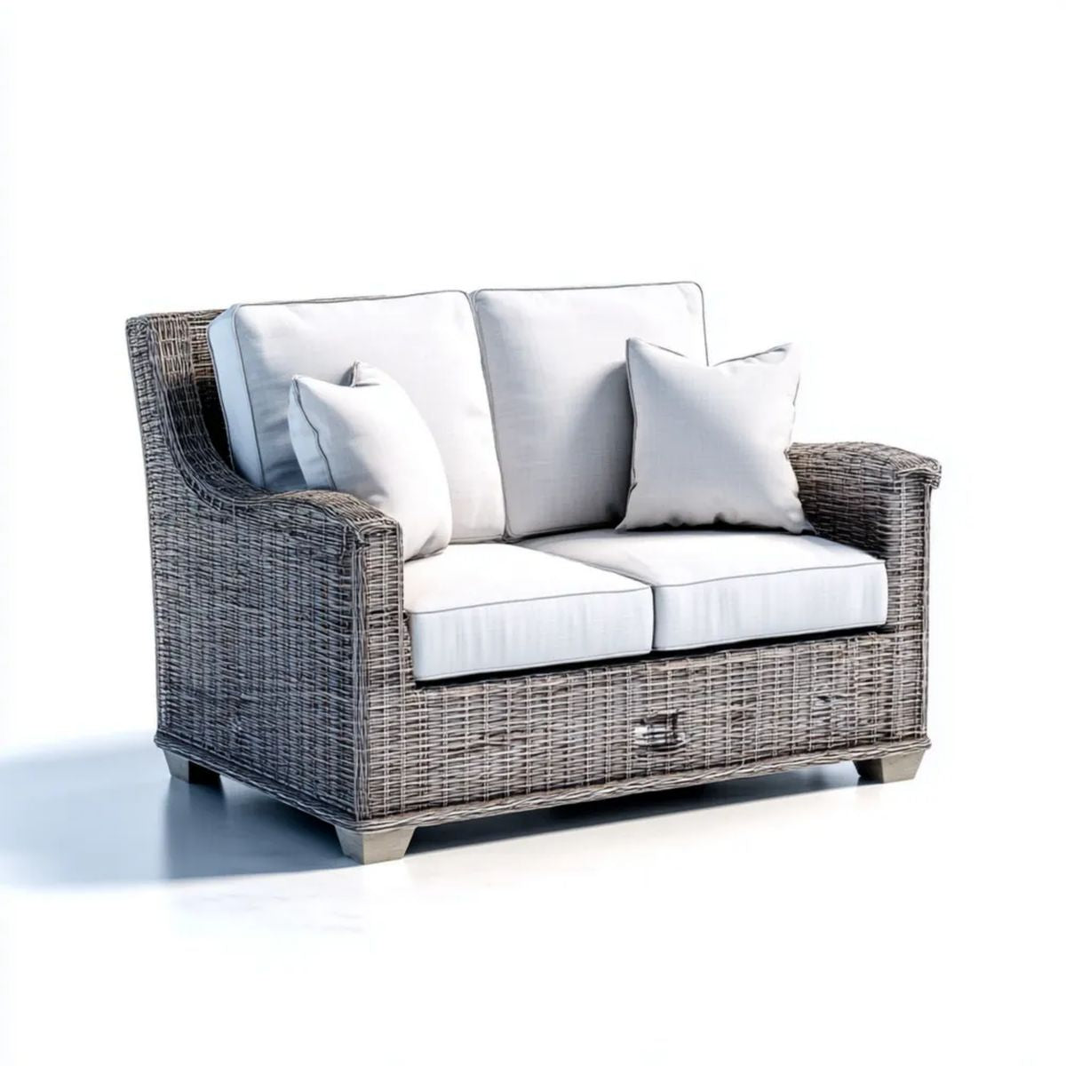 2-osobowa sofa ogrodowa z technorattanu ze schowkiem, szara z jasnoszarymi poduszkami, 130 x 75 x 85 cm
