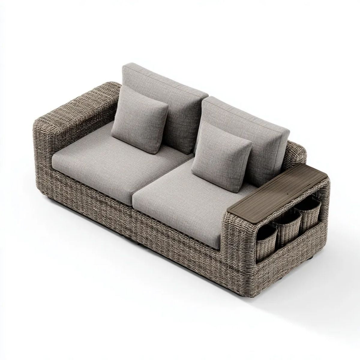 Dwuosobowa sofa ogrodowa z technorattanu szarobrązowa z jasnoszarymi poduszkami, 180 x 85 x 78 cm