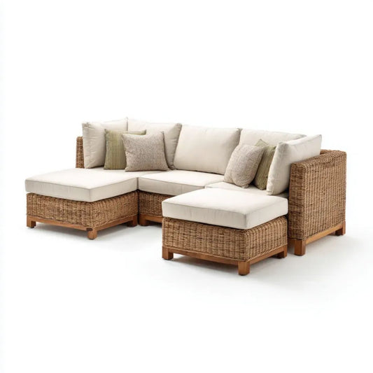 3-częściowa narożna sofa ogrodowa w kształcie L z technorattanu i drewna, naturalny brąz/kremowy/beżowy, 250 x 160 x 82 cm