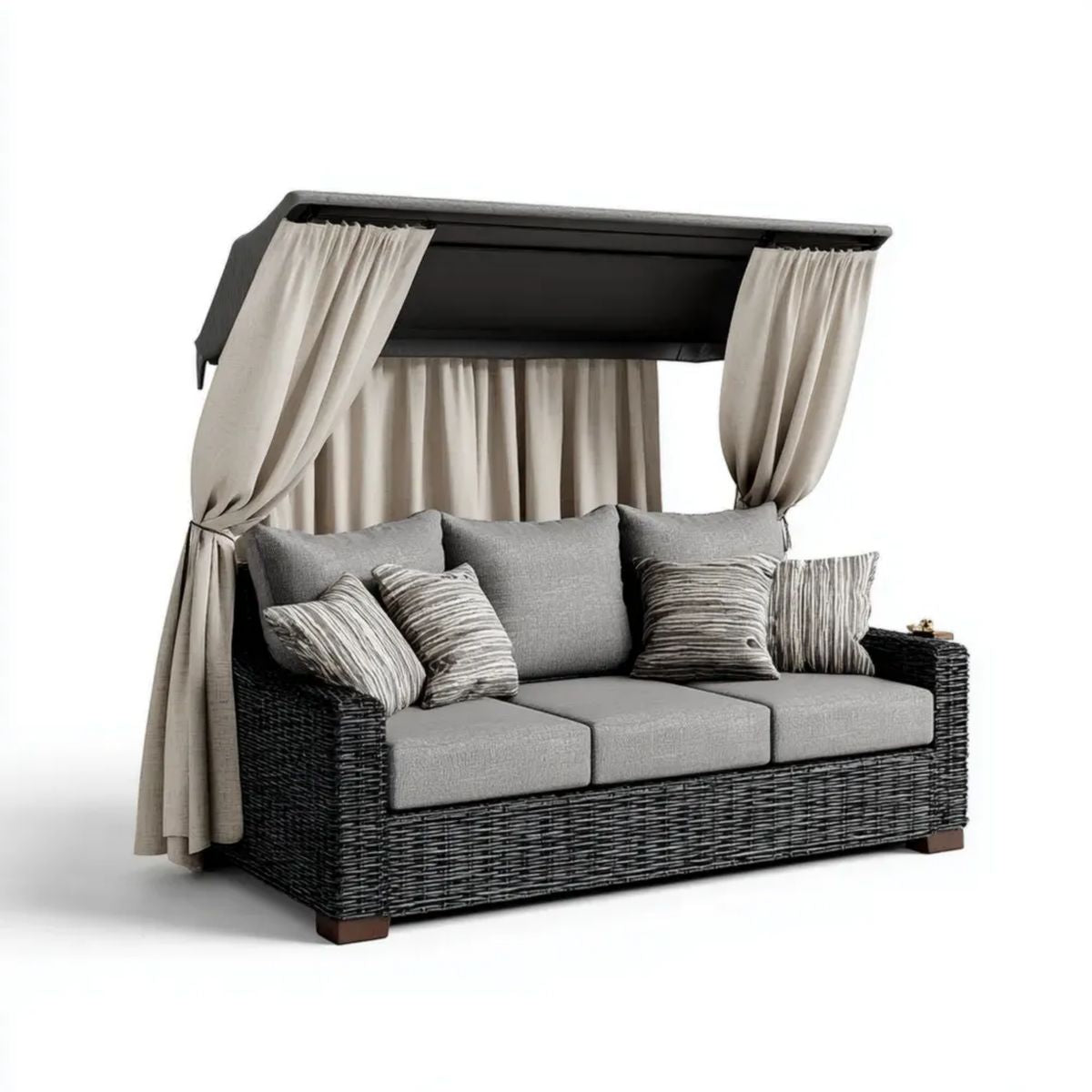 3-osobowa sofa ogrodowa z baldachimem z technorattanu, czarno-szaro-beżowa, 220 x 90 x 200 cm