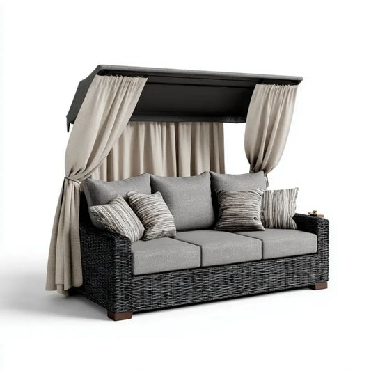 3-osobowa sofa ogrodowa z baldachimem z technorattanu, czarno-szaro-beżowa, 220 x 90 x 200 cm