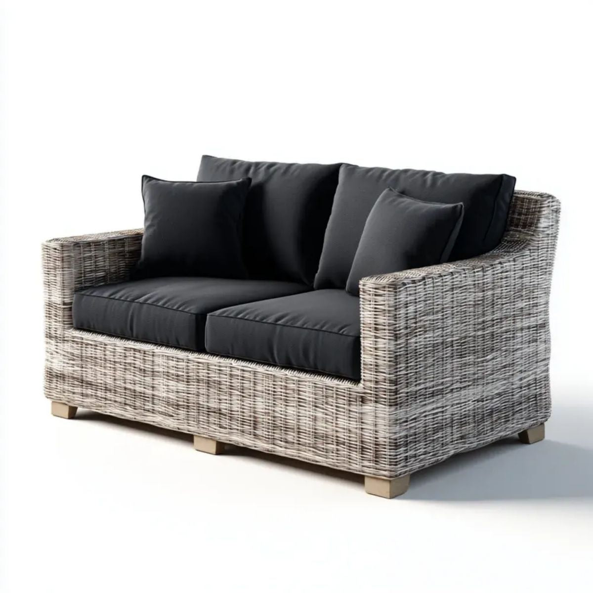 Dwuosobowa sofa ogrodowa z technorattanu, szara z czarnymi poduszkami, 150 x 80 x 78 cm