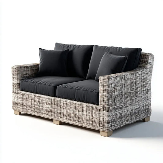 Dwuosobowa sofa ogrodowa z technorattanu, szara z czarnymi poduszkami, 150 x 80 x 78 cm