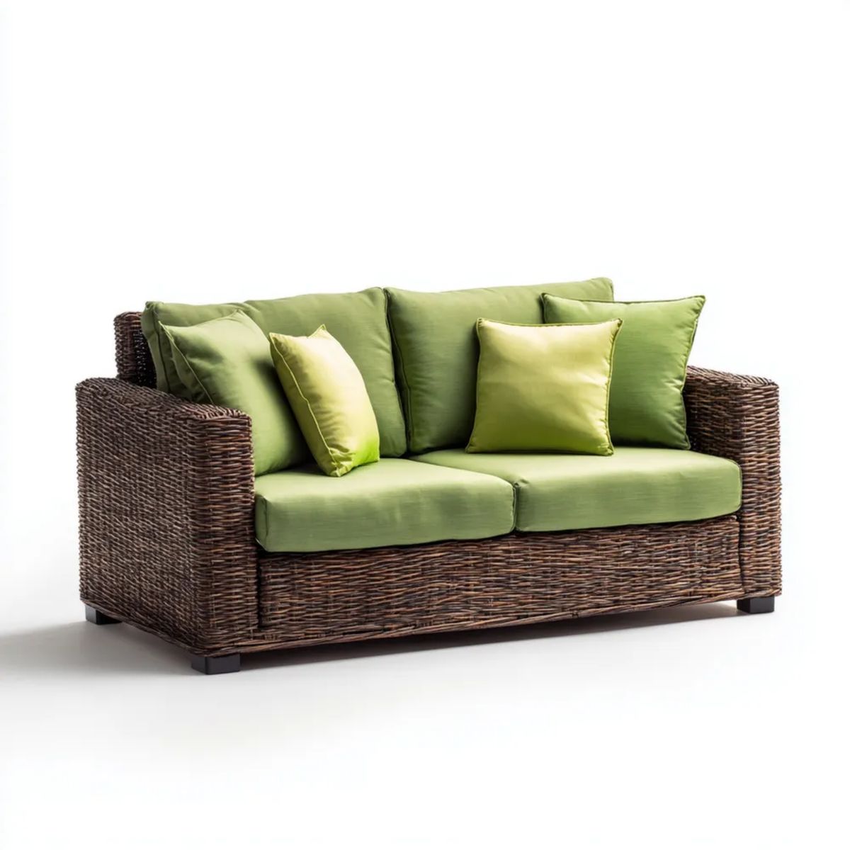 Dwuosobowa sofa ogrodowa z rattanu, ciemnobrązowa z zielonymi poduszkami, 165 x 85 x 85 cm