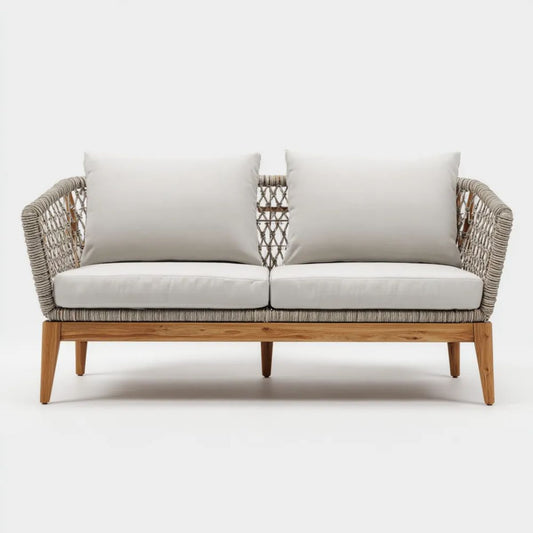 Dwuosobowa sofa ogrodowa beżowa z litego drewna akacjowego i plecionki sznurkowej, 160 x 75 x 78 cm