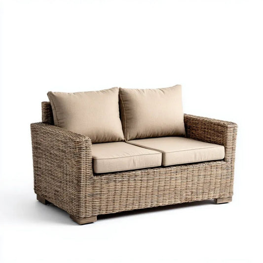 Dwuosobowa sofa ogrodowa z technorattanu, naturalny brąz/beż, 140 × 80 × 85 cm