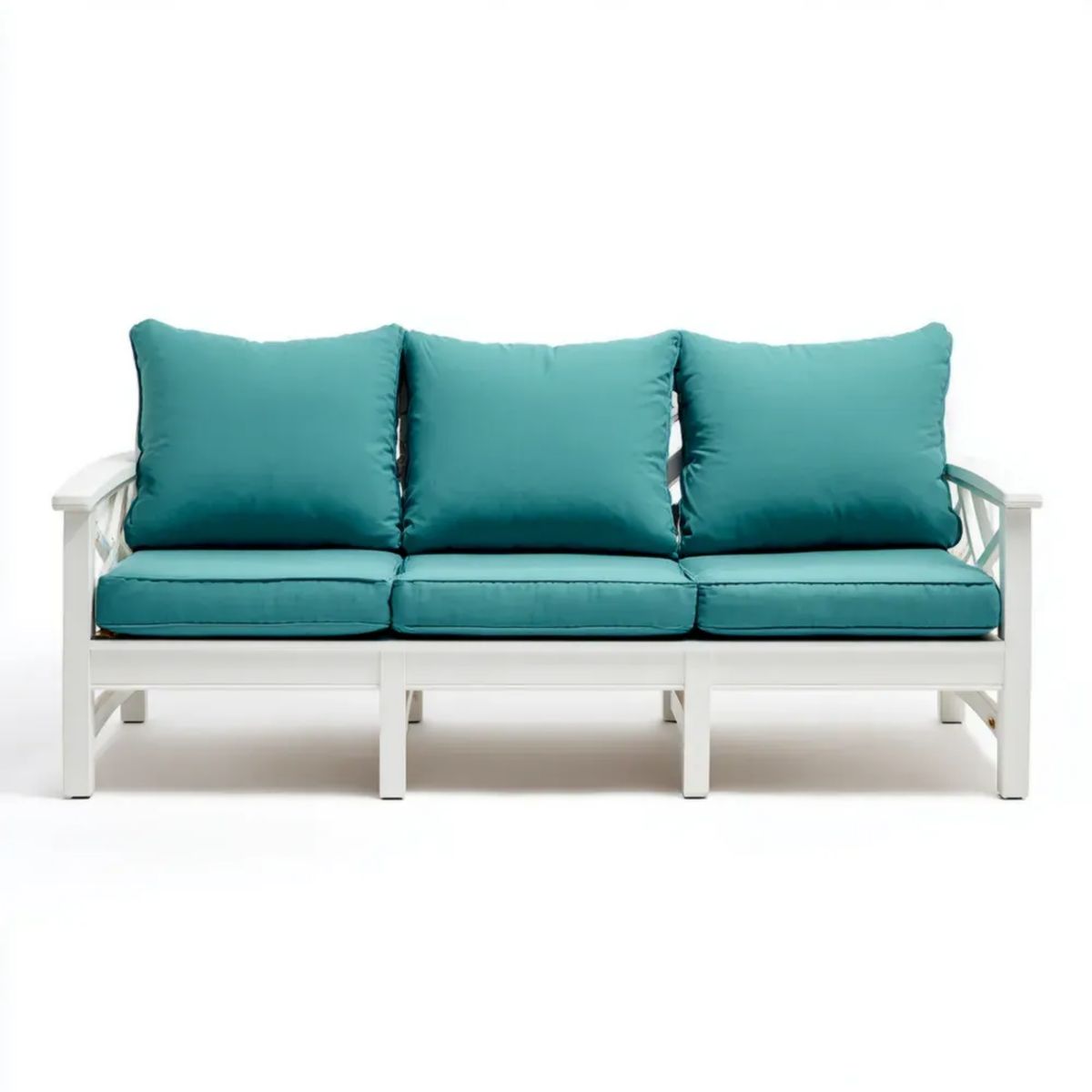 3-osobowa sofa ogrodowa z litego drewna, biała z turkusowymi poduszkami, 180 x 75 x 80 cm