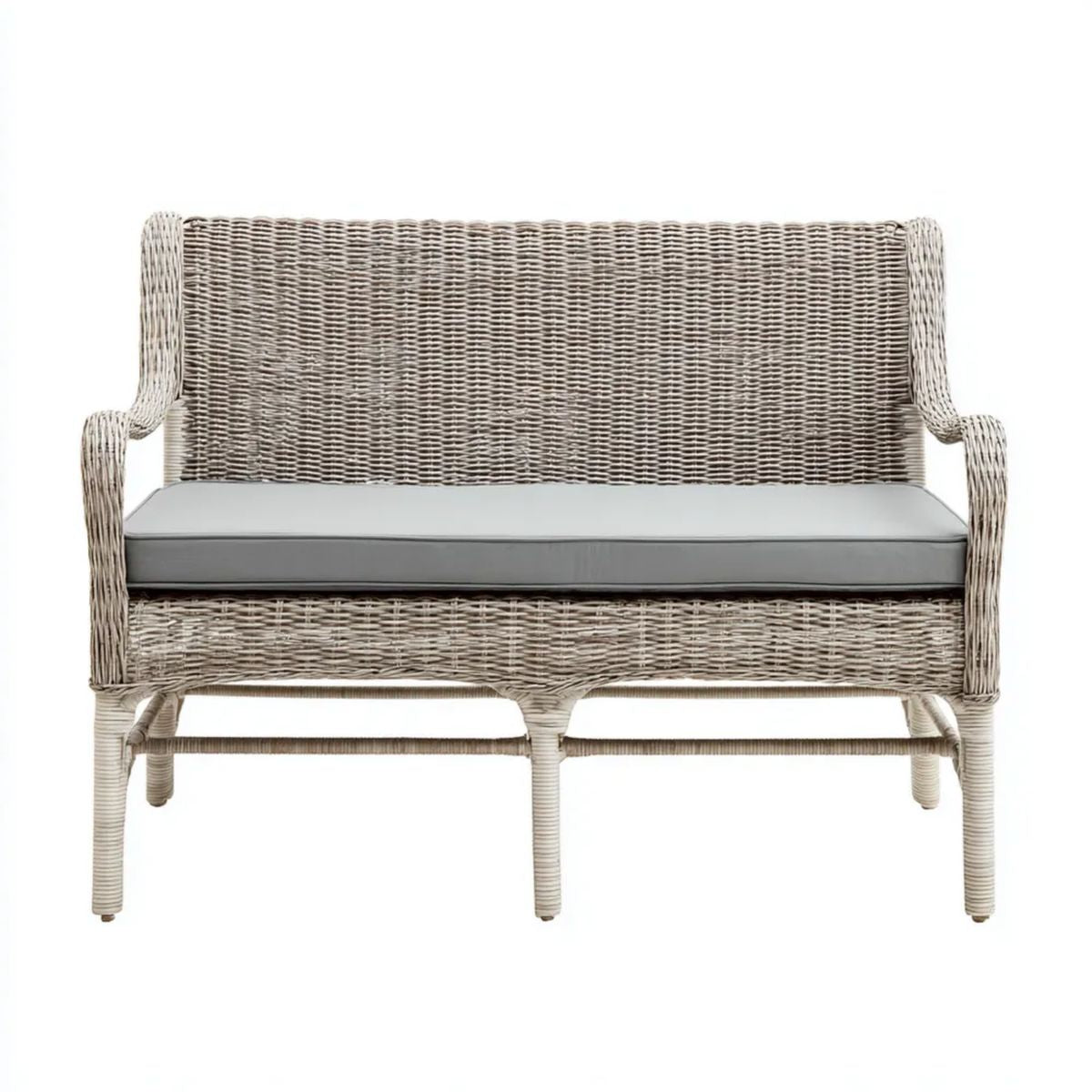 Dwuosobowa sofa ogrodowa z naturalnego rattanu szaro-beżowa z szarą poduszką, 120 x 70 x 90 cm