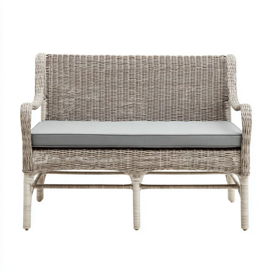 Dwuosobowa sofa ogrodowa z naturalnego rattanu szaro-beżowa z szarą poduszką, 120 x 70 x 90 cm
