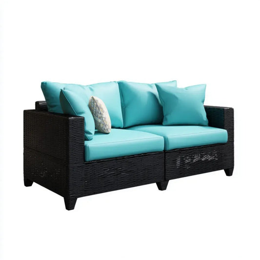 Dwuosobowa sofa ogrodowa z technorattanu PE, czarna z turkusowymi poduszkami, 150 x 80 x 75 cm