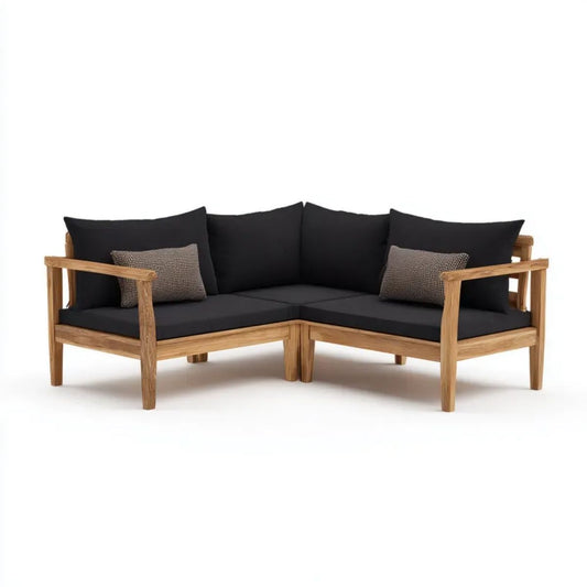 2-częściowa narożna sofa ogrodowa z drewna, naturalny brąz/czarny, 140 x 140 x 65 cm