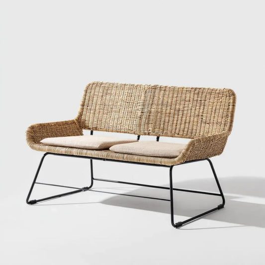 Dwuosobowa sofa ogrodowa beżowa z plecionki i stali, 120 x 65 x 75 cm