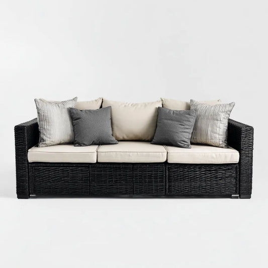 3-osobowa sofa ogrodowa z technorattanu, czarna z beżowymi poduszkami, 220 × 85 × 80 cm
