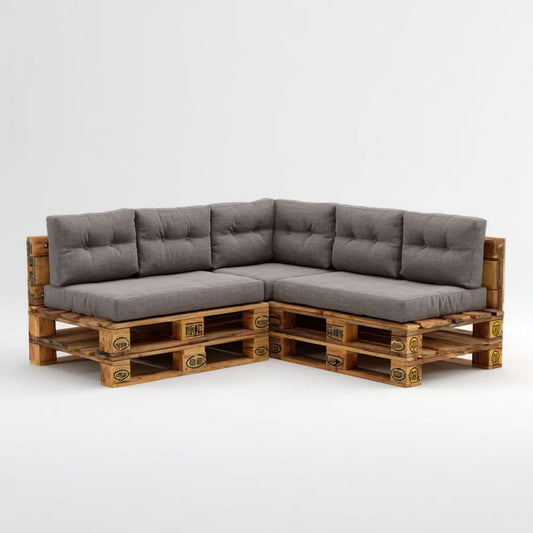 Ogrodowa narożna sofa z palet w kształcie L, brązowa z szarymi poduszkami, drewno sosnowe, 240 × 120 × 80 cm