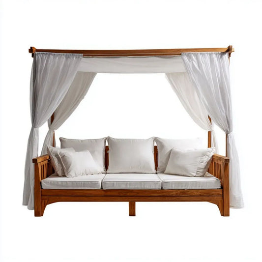 Trzyosobowa drewniana sofa ogrodowa z baldachimem 200 x 75 x 200 cm Brązowa/Biała