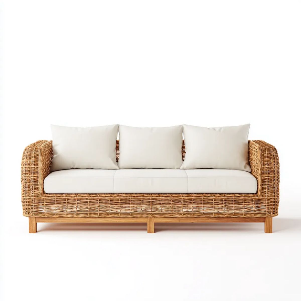 3-osobowa sofa ogrodowa z naturalnego rattanu z beżowymi poduszkami, 200 x 80 x 75 cm