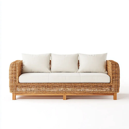 3-osobowa sofa ogrodowa z naturalnego rattanu z beżowymi poduszkami, 200 x 80 x 75 cm